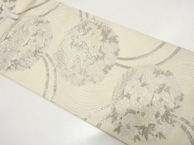 JAPANESE KIMONO / ANTIQUE PLATINUM FOIL 900 DOTSU SATIN FUKURO OBI / W